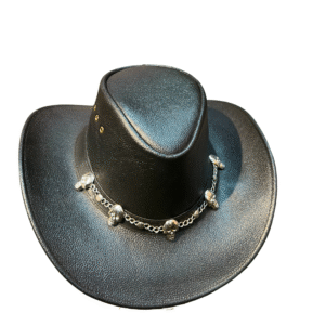 Dark Rider Black Leather Cowboy Hat with Skull Chain